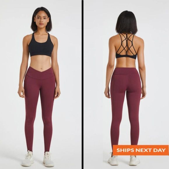 Burgundy Crossover Legging With Pockets - Crossover Waist - Crossover Legging - Picture 1 of 7